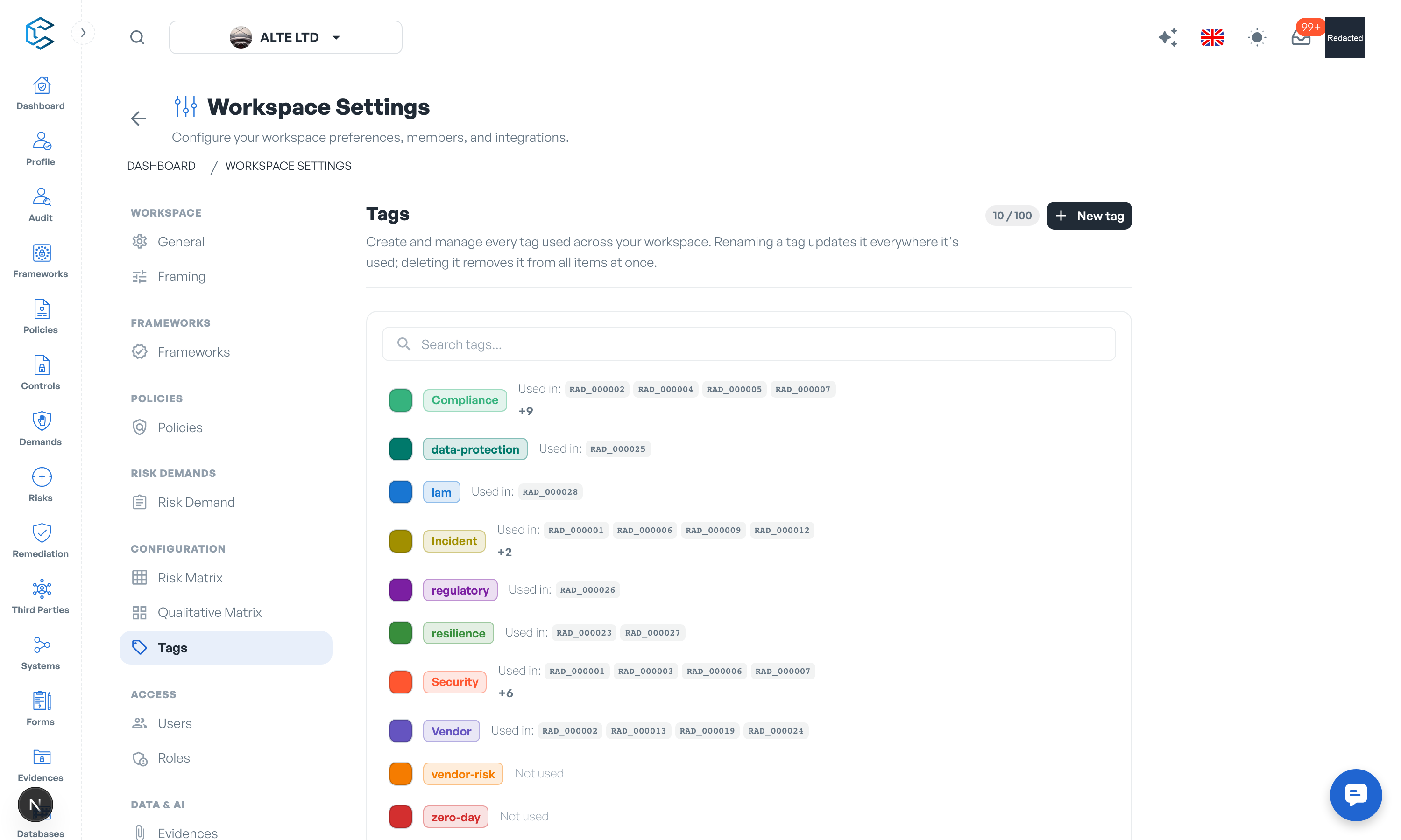 The Tags section