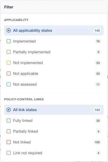 Framework filter with applicability choices and separate policy-control link states.
