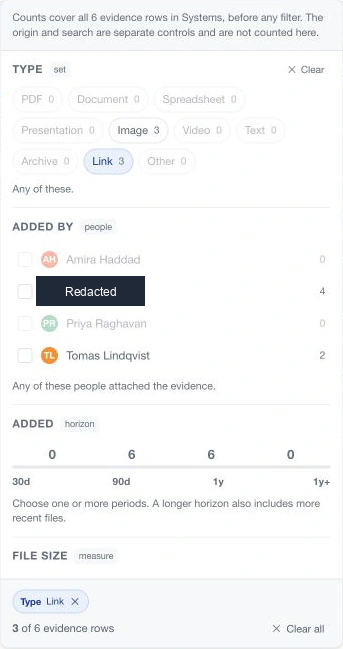 Evidence filter showing Link selected, type counts, added-by options, date ranges and the three-of-six result summary.