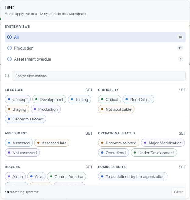 Systems filter with views, lifecycle, criticality and assessment choices.