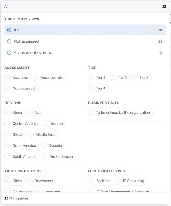 Third-party filters for assessment status, tier, region and provider classification.