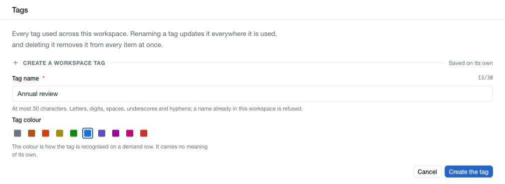 Unsaved Annual review tag with its name, colour choices, Create and Cancel actions.